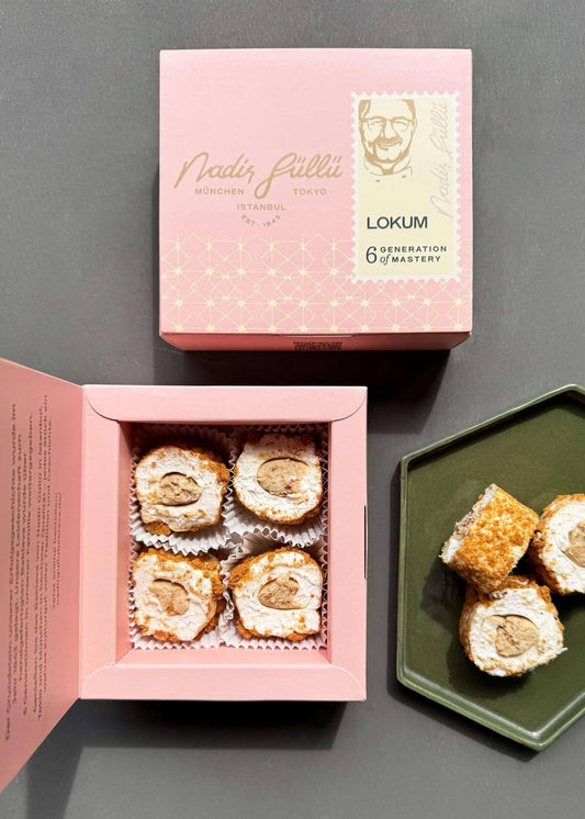 Lokum with hazelnut cream and almonds, coated with caramel biscuit