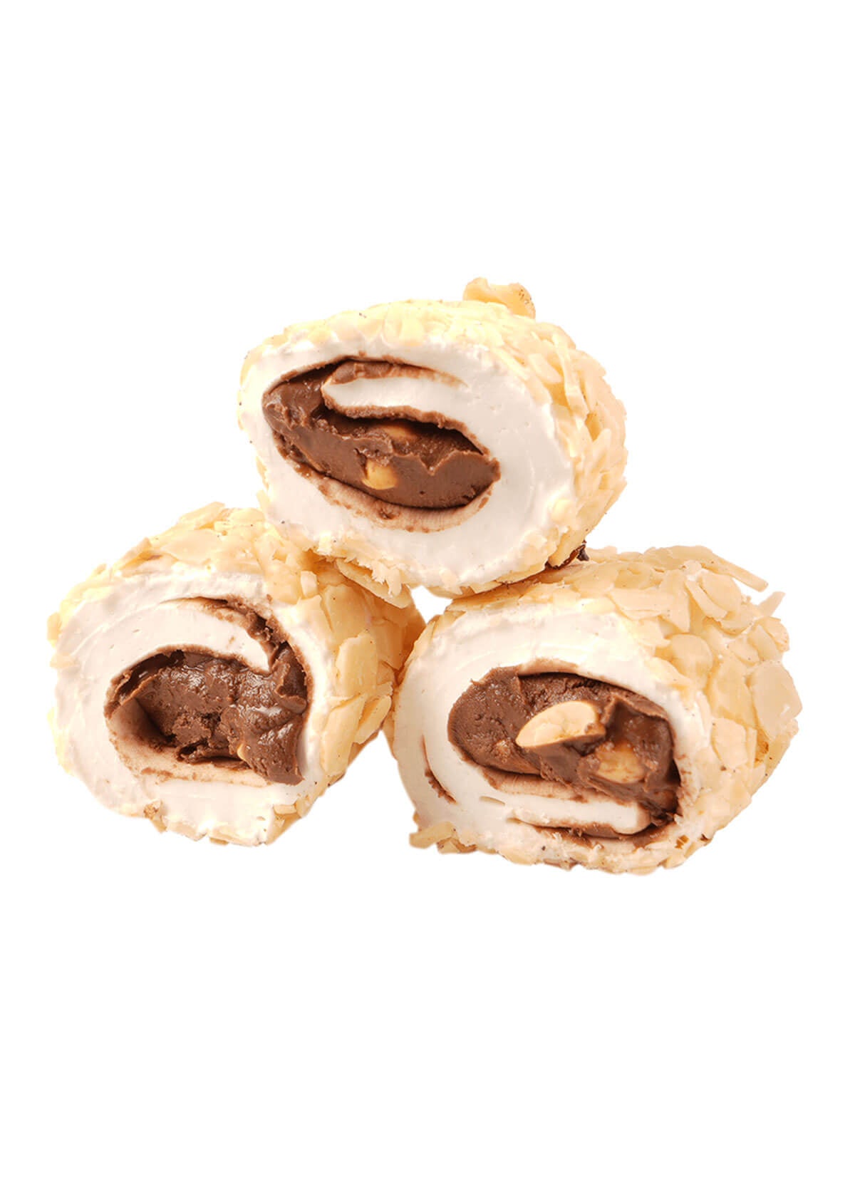 Lokum mit Schokoladencreme und Haselnüssen, umhüllt mit gehobelten Haselnüssen